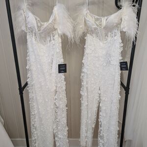 Lulus White Feathered Off The Shoulder Jumpsuits